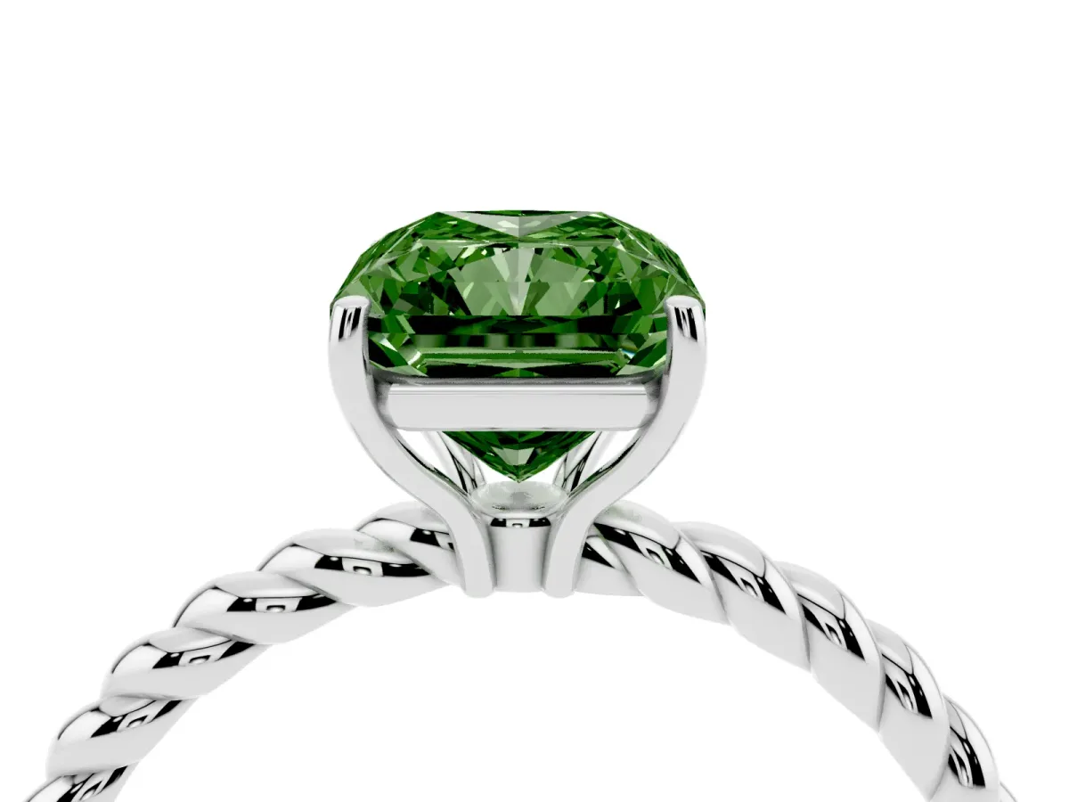 Fancy Green Radiant Cut Solitaire Twist Band Ring with Four-Prong Setting Silver