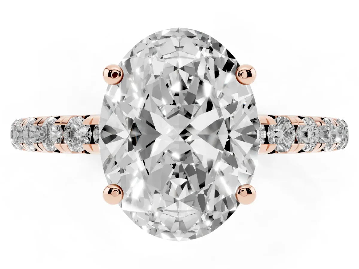 Oval Cut Cut Diamond Solitaire Ring with Micro Pave Band and Four Prong Setting Rose gold