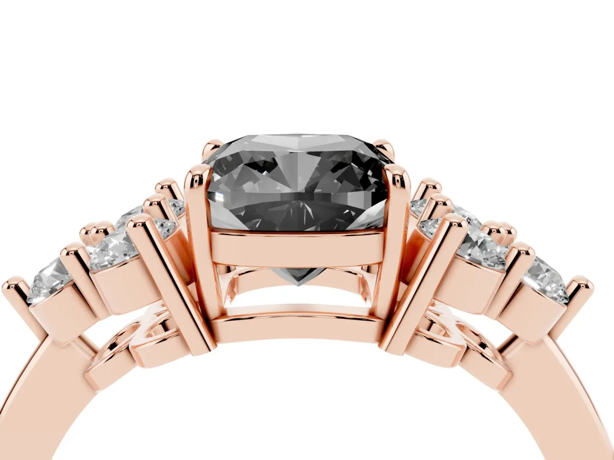 Fancy Black Cushion Cut Brilliant Diamond Cluster Accent Solitaire Ring with Prong Setting Rose gold