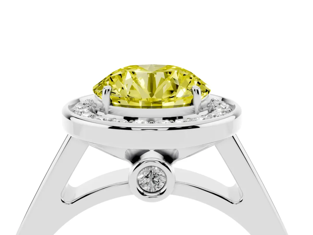 Fancy Yellow Round Cut Halo Solitaire Diamond Ring with Pave Band and Bezel Setting Silver