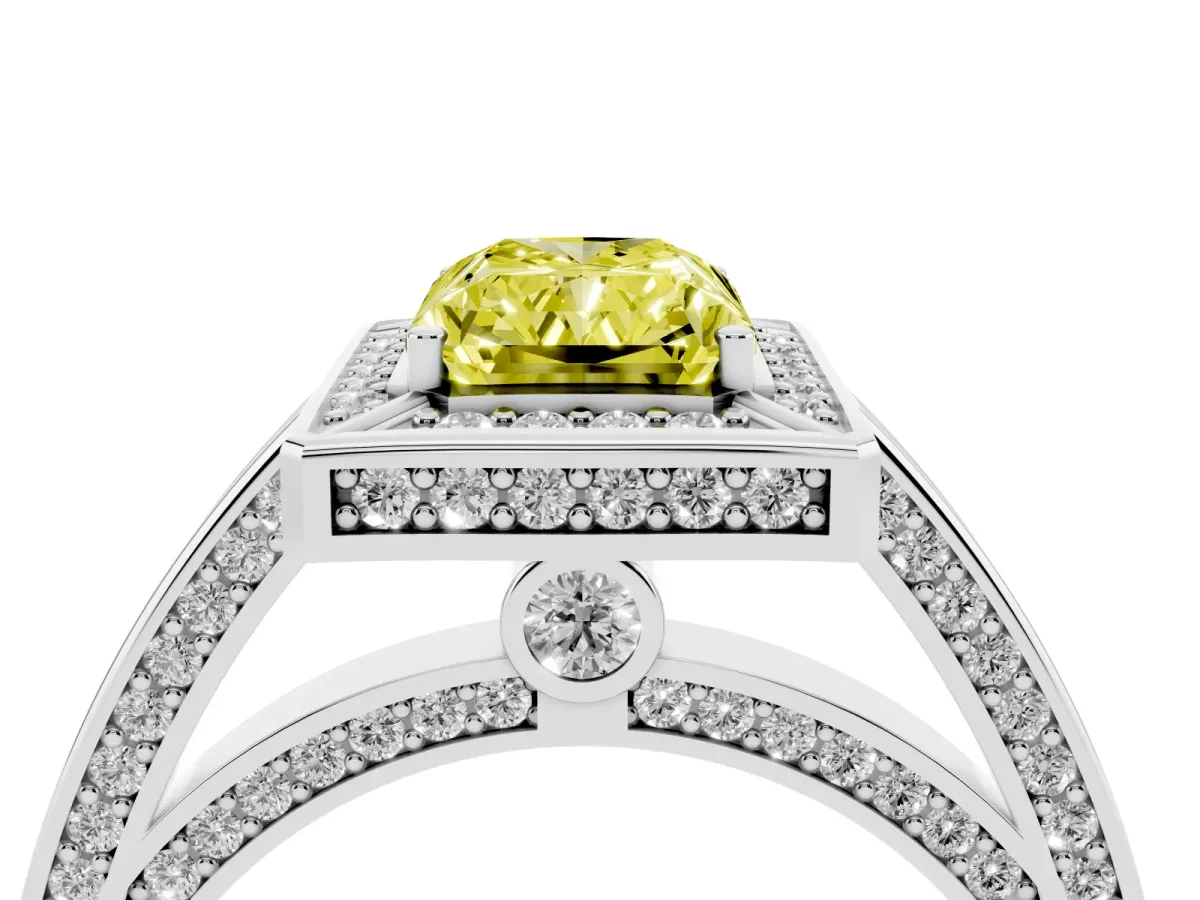 Fancy Yellow Radiant Cut Cut Halo Pave Split Shank Prong Setting Ring Platinum