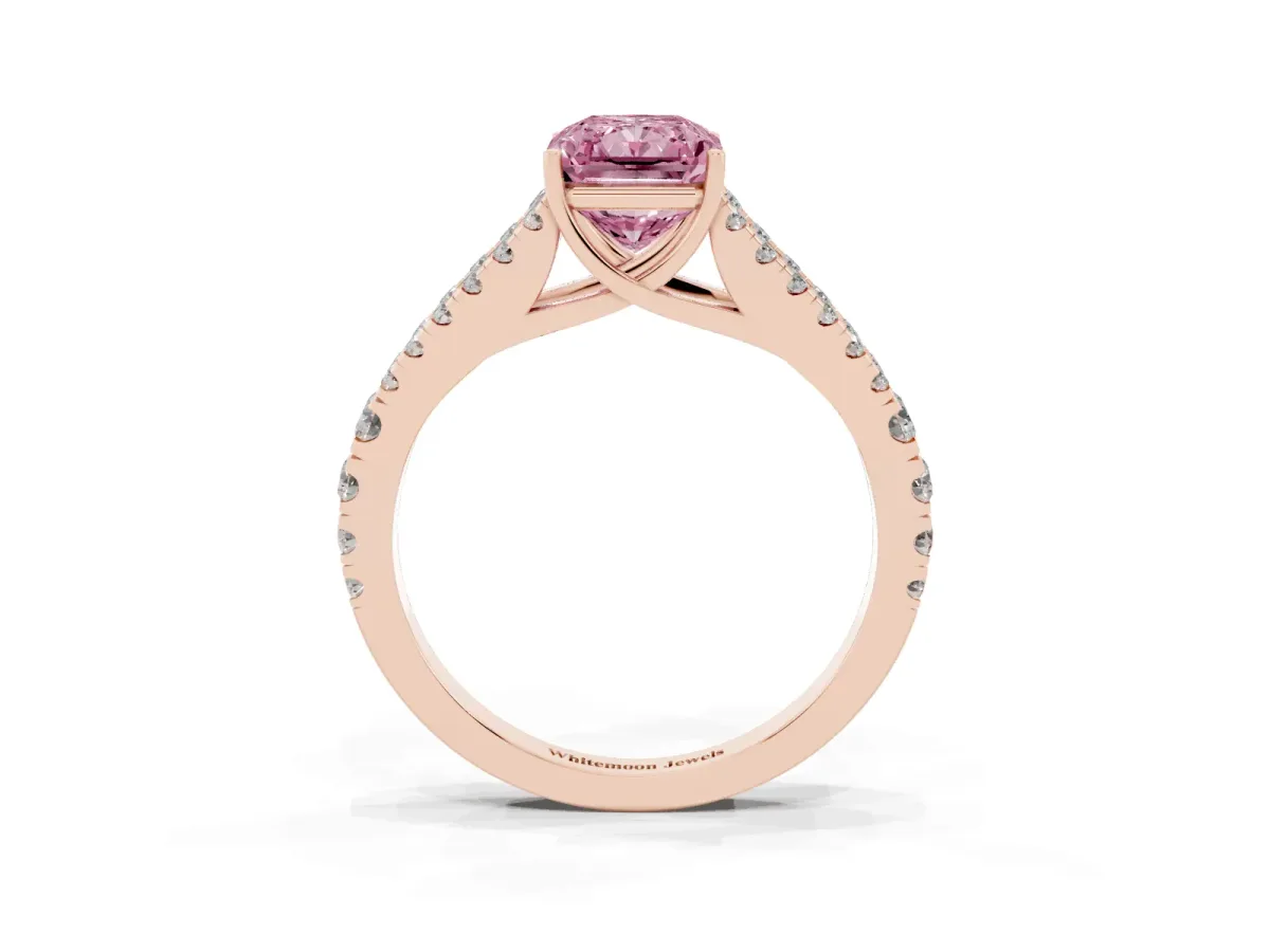 Fancy Pink Radiant Cut Diamond Split Shank Pavé Engagement Ring with Four-Prong Setting Rose gold