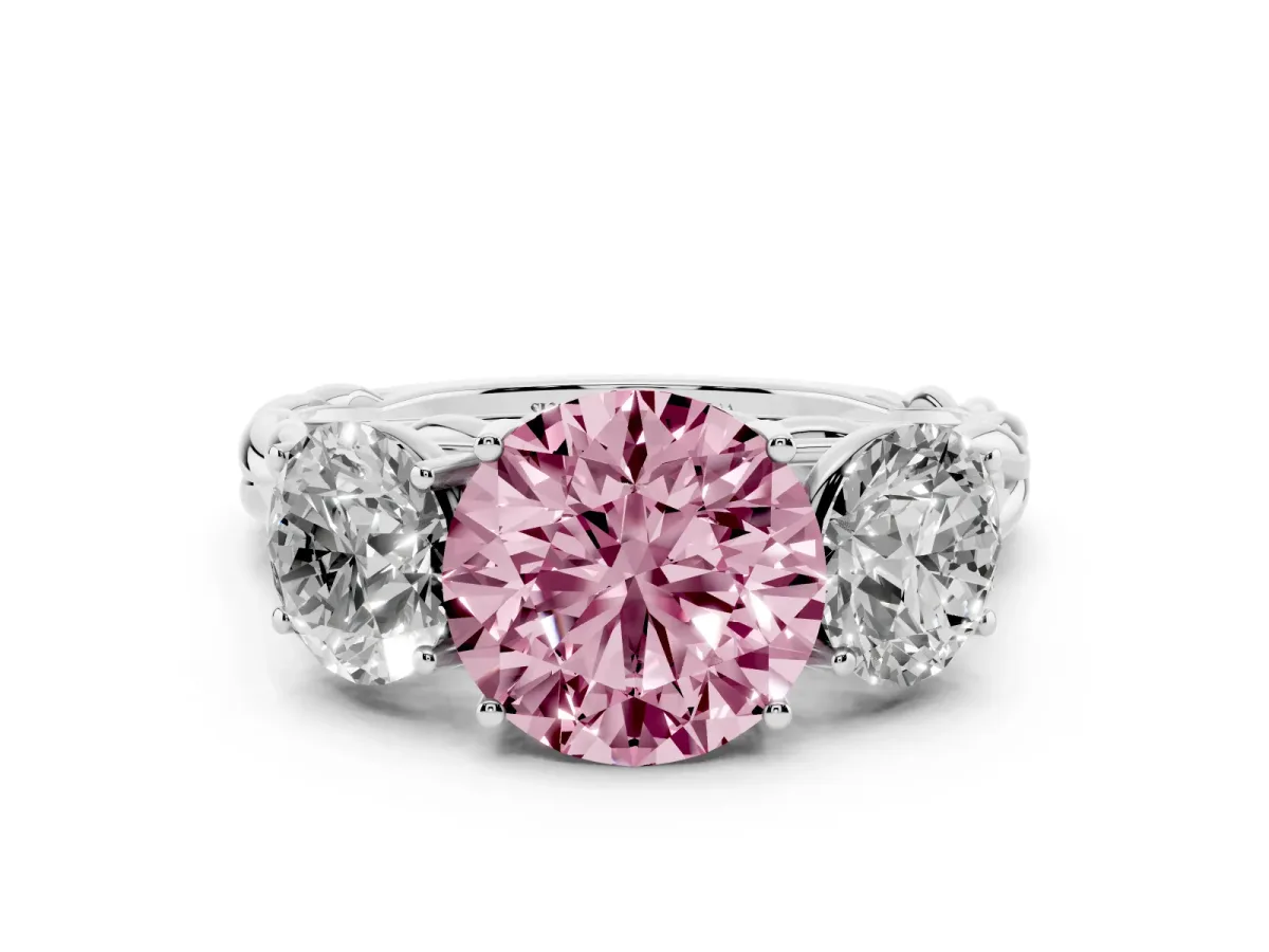 Fancy Pink Three-Stone Round Cut Diamond Braided Band Ring with Four-Prong Setting Platinum