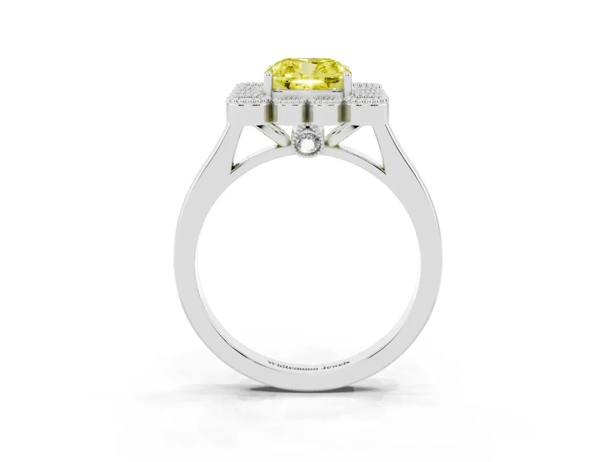 Fancy Yellow Cushion Cut Halo Diamond Cluster Engagement Ring with Milgrain Bezel Setting and Solitaire Band Silver