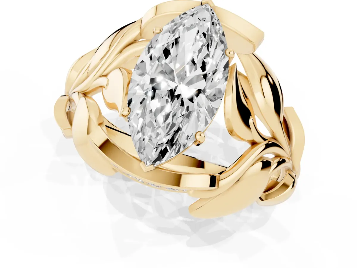 Marquise Cut Diamond Leaf-Inspired Engagement Ring with Round Accents and Prong Setting Yellow gold