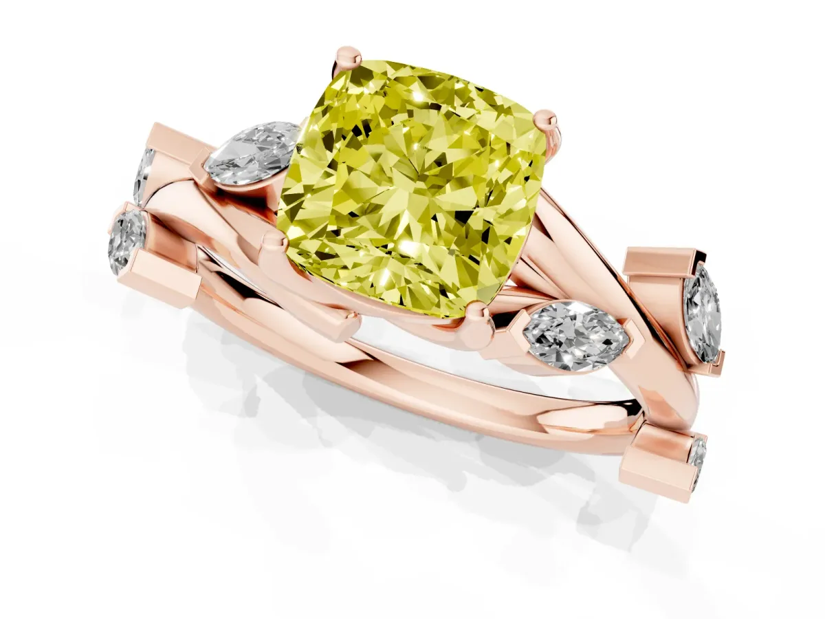 Fancy Yellow Cushion Cut Solitaire Twisted Band Marquise Accent Prong Setting Ring Rose gold
