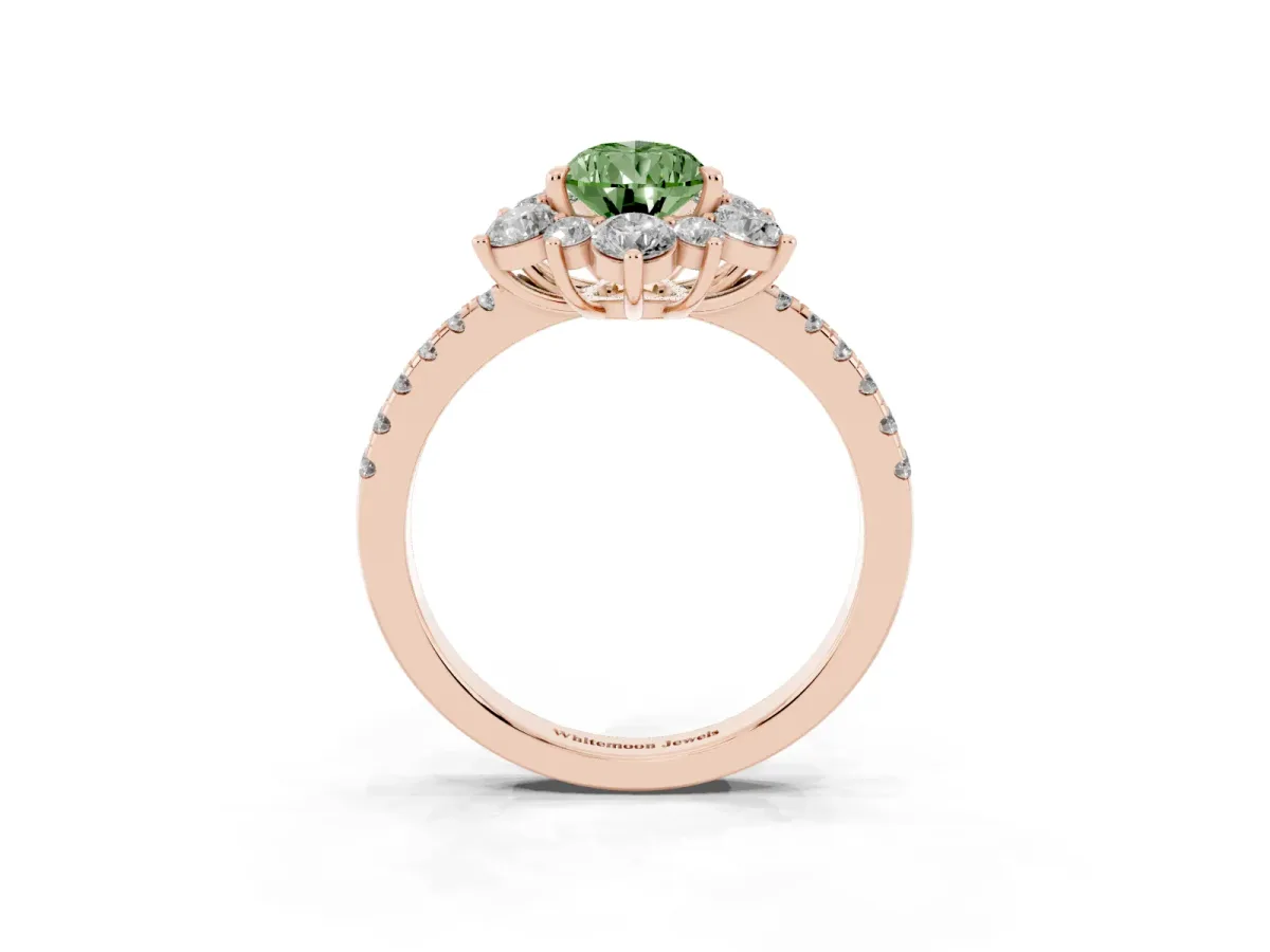 Fancy Green Pear Cut Diamond Floral Halo Ring with Round Pavé Band and Prong Setting Rose gold