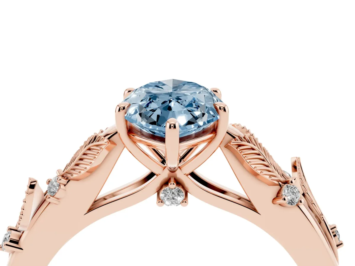 Fancy Blue Marquise Cut Diamond Solitaire Ring with Leaf Motif Band and Four-Prong Setting Rose gold