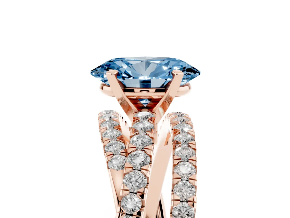 Fancy Blue Oval Cut Solitaire Twist Band with Pavé Setting and Four-Prong Setting Rose gold