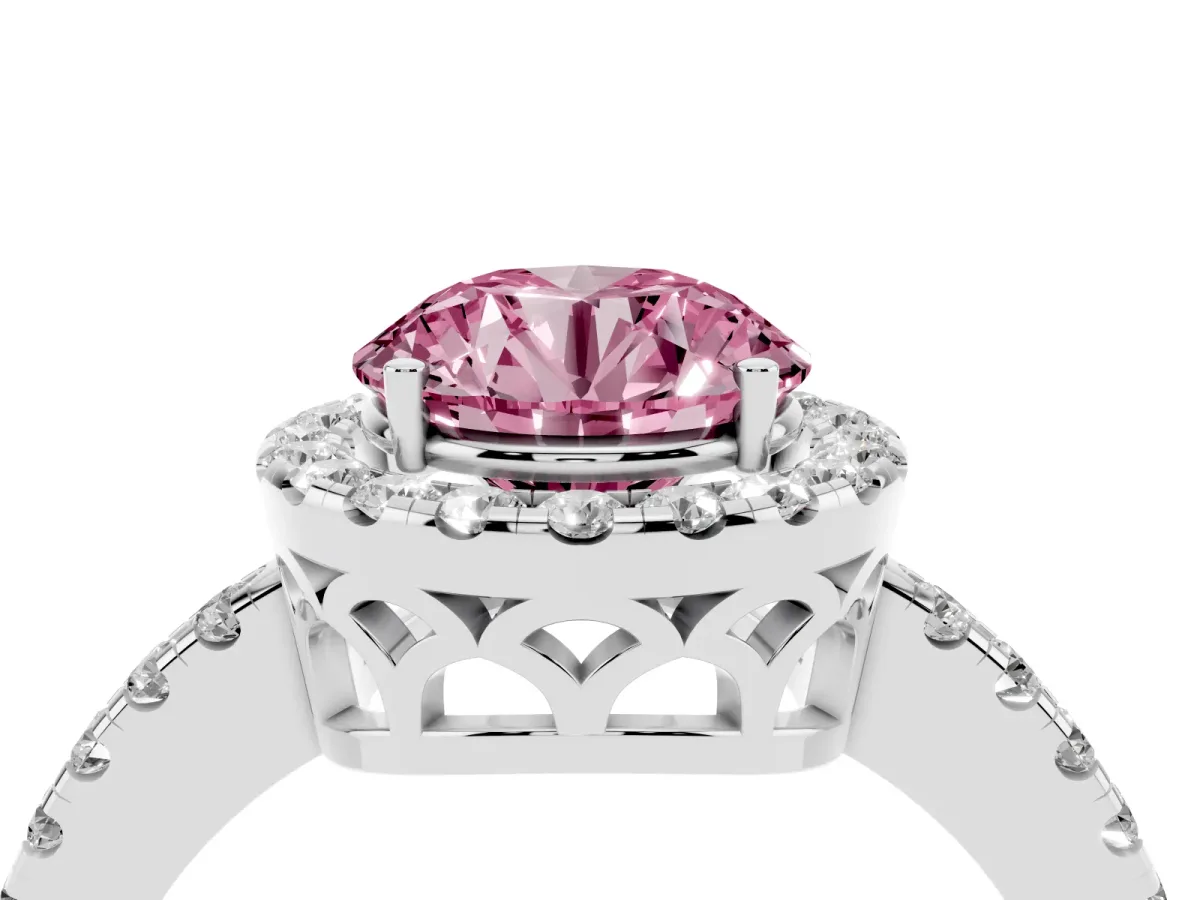 Fancy Pink Round Cut Halo Diamond Engagement Ring with Pavé Band and Four-Prong Setting Platinum