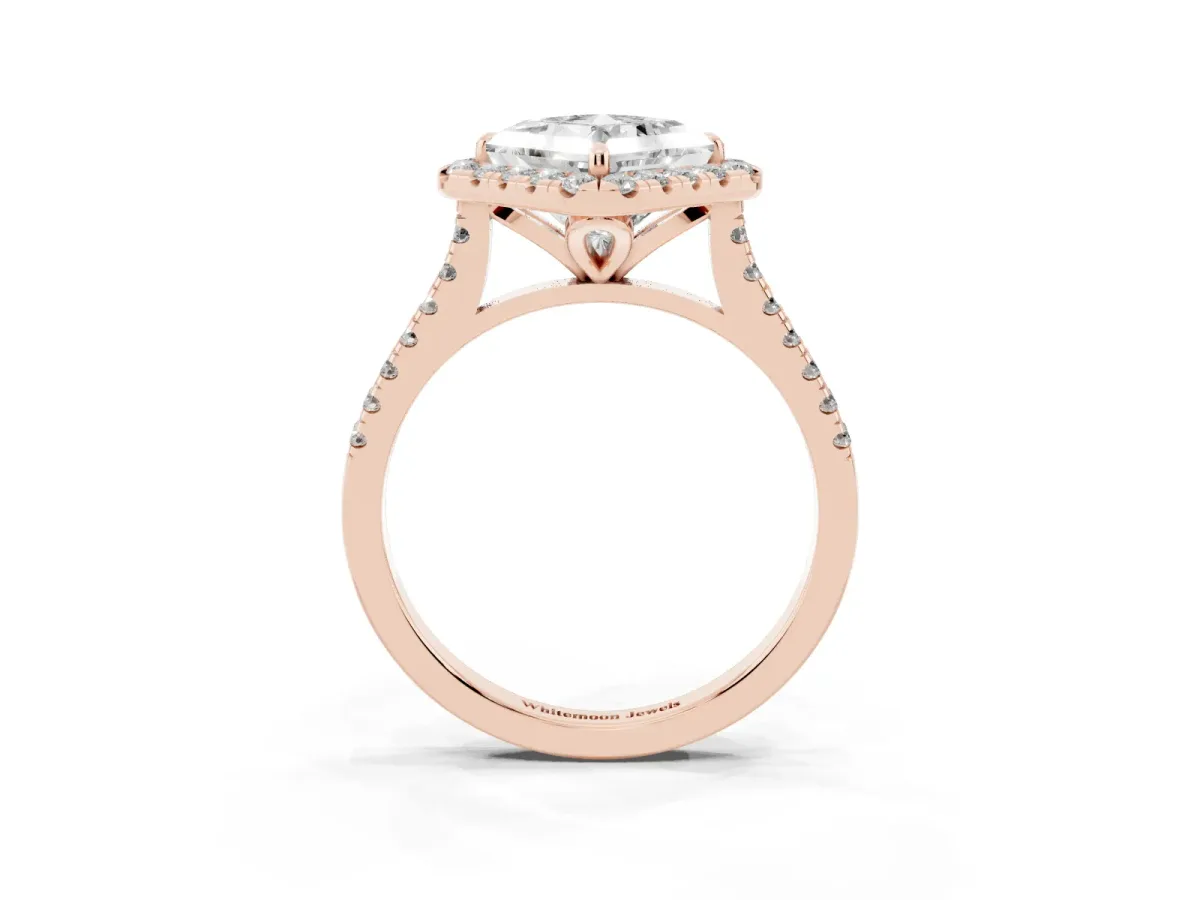 Princess Cut Diamond Cushion Halo Ring with Pavé Band Rose gold
