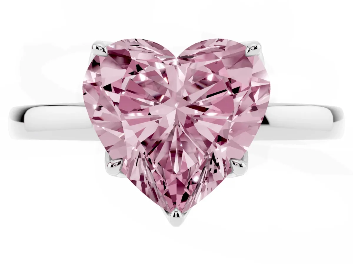 Fancy Pink Heart Cut Diamond Solitaire Ring with Thin Band and Prong Setting Silver