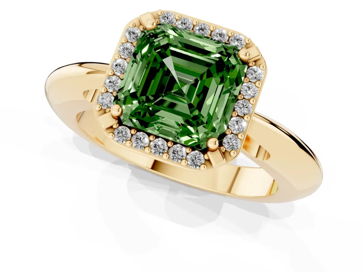 Fancy Green Asscher Cut Cut Diamond Halo Engagement Ring with Split Shank and Four-Prong Setting Yellow gold