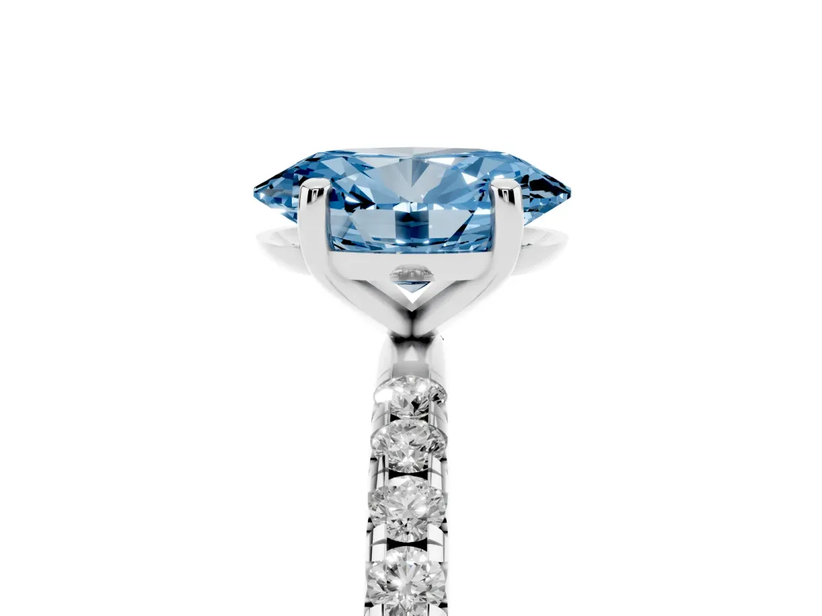 Fancy Blue Oval Cut Cut Diamond Solitaire Ring with Micro Pave Band and Four Prong Setting Silver