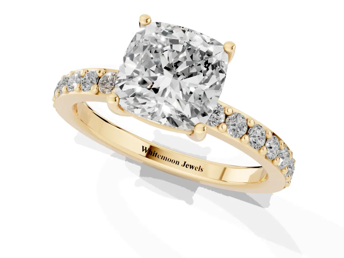 Cushion Cut Cut Diamond Solitaire with Pave Band and Four-Prong Setting Yellow gold