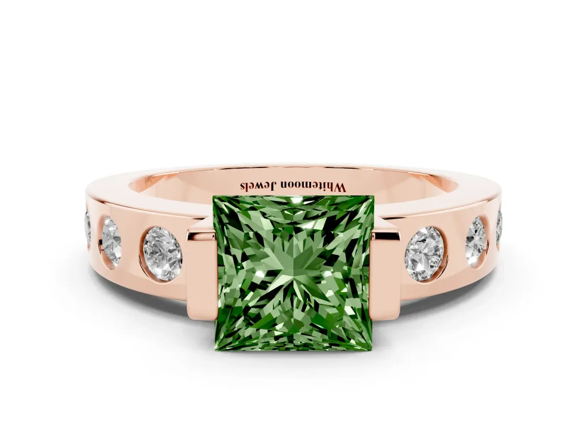 Fancy Green Princess Cut Brilliant Channel-Set Diamond Ring with Bezel Prong Setting Rose gold