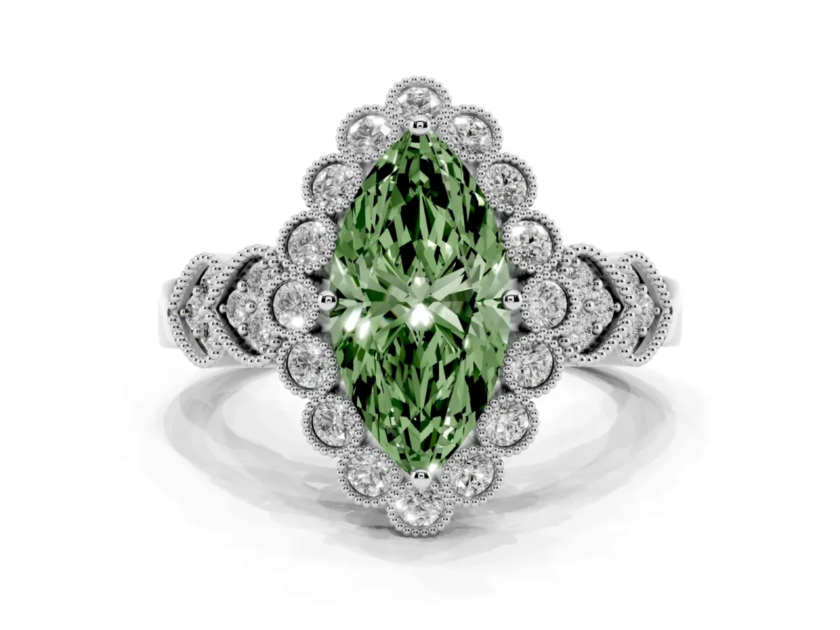 Fancy Green Marquise Cut Brilliant Milgrain Pave Heart Band Solitaire Ring Platinum