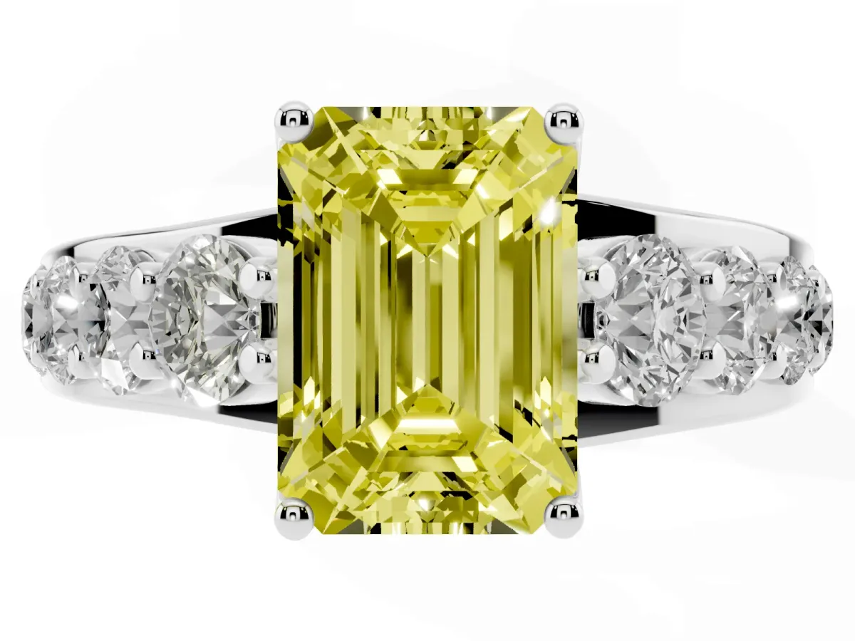 Fancy Yellow Emerald Cut Diamond Engagement Ring with Pavé Band and Four-Prong Setting Silver