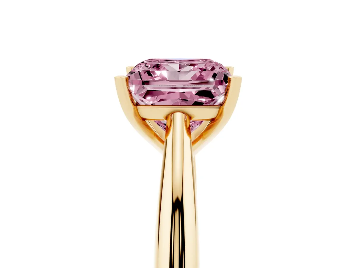 Fancy Pink Princess Cut Diamond Solitaire Engagement Ring with Cathedral Setting and Four-Prong Mount Yellow gold
