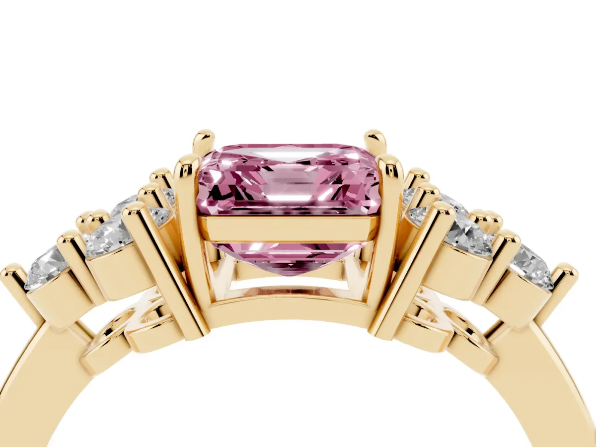 Fancy Pink Asscher Cut Brilliant Diamond Cluster Accent Solitaire Ring with Prong Setting Yellow gold