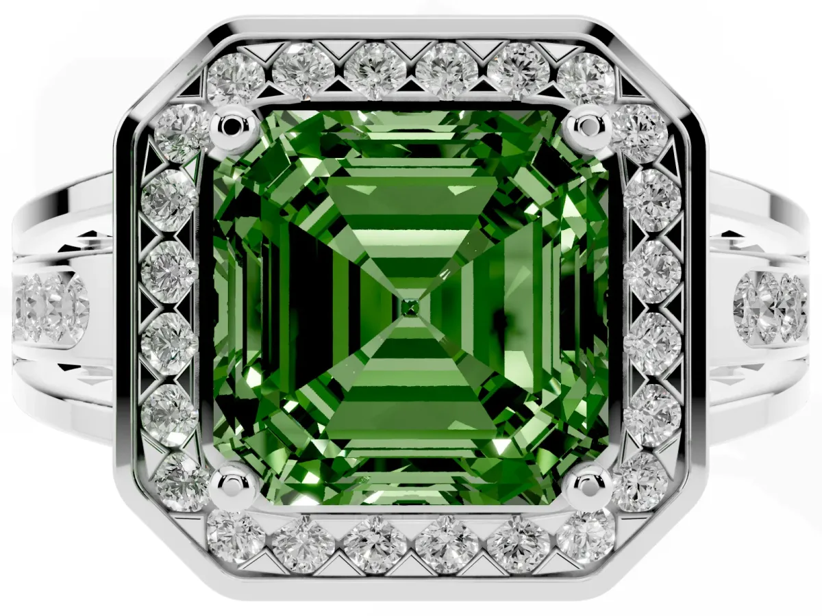 Fancy Green Asscher Cut Diamond Halo Ring with Split Shank and Bezel Accents and Prong Setting Silver