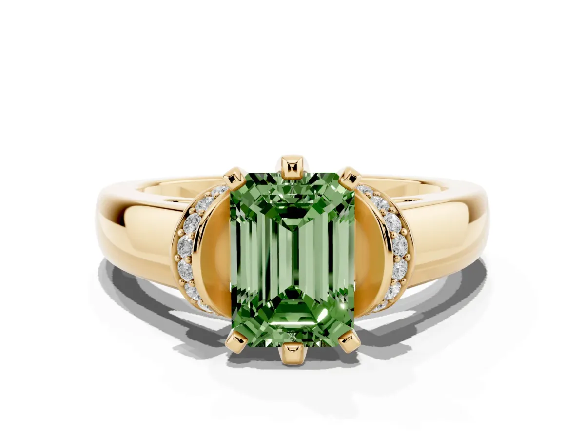 Fancy Green Emerald Cut Solitaire Diamond Ring with Pave Band and Six-Prong Setting Yellow gold