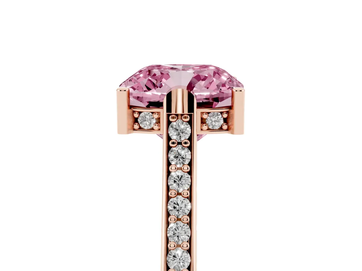 Fancy Pink Cushion Cut Solitaire Diamond Ring with Channel Set Band and Bezel Prong Setting Rose gold