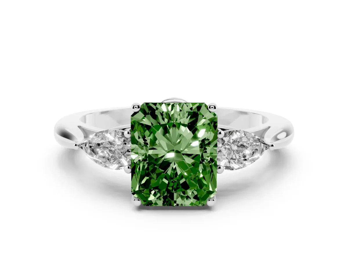 Fancy Green Three-Stone Radiant Cut Diamond Ring with Pear Side Stones in Four-Prong Setting Silver