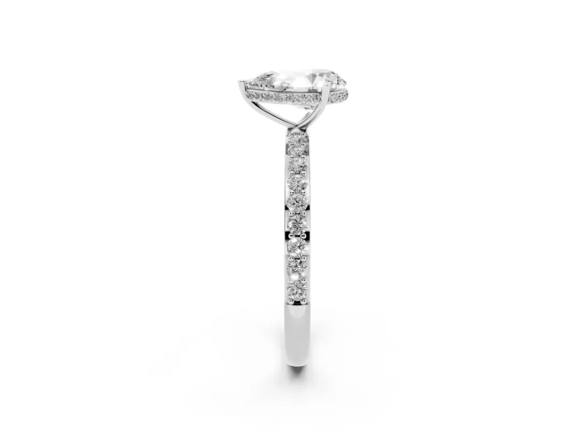 Pear Cut Diamond Solitaire Ring with Pavé Band and Hidden Halo Silver