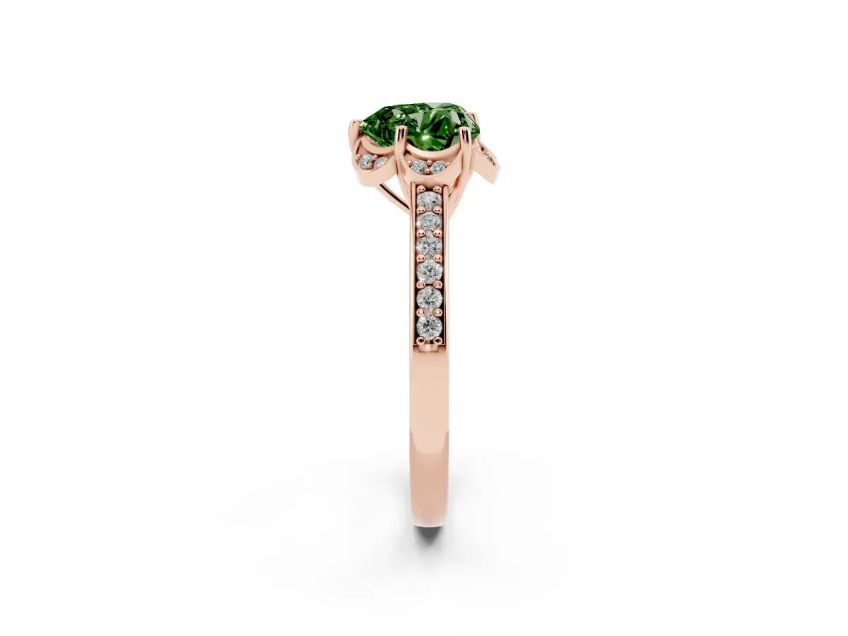 Fancy Green Heart Cut Cut Halo Diamond Ring with Channel Set Band and Four-Prong Setting Rose gold