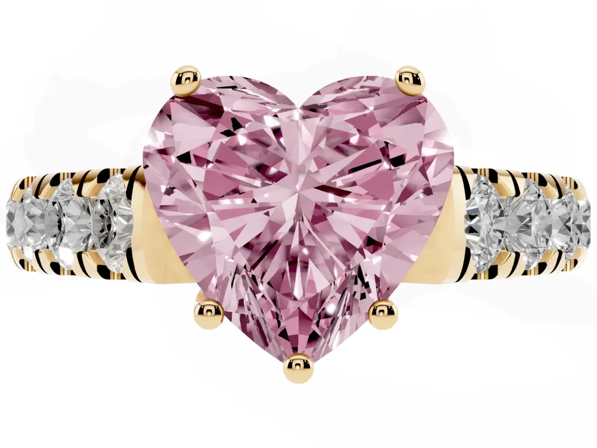 Fancy Pink Heart Cut Cut Diamond Solitaire Ring with Micro Pave Band and Prong Setting Yellow gold