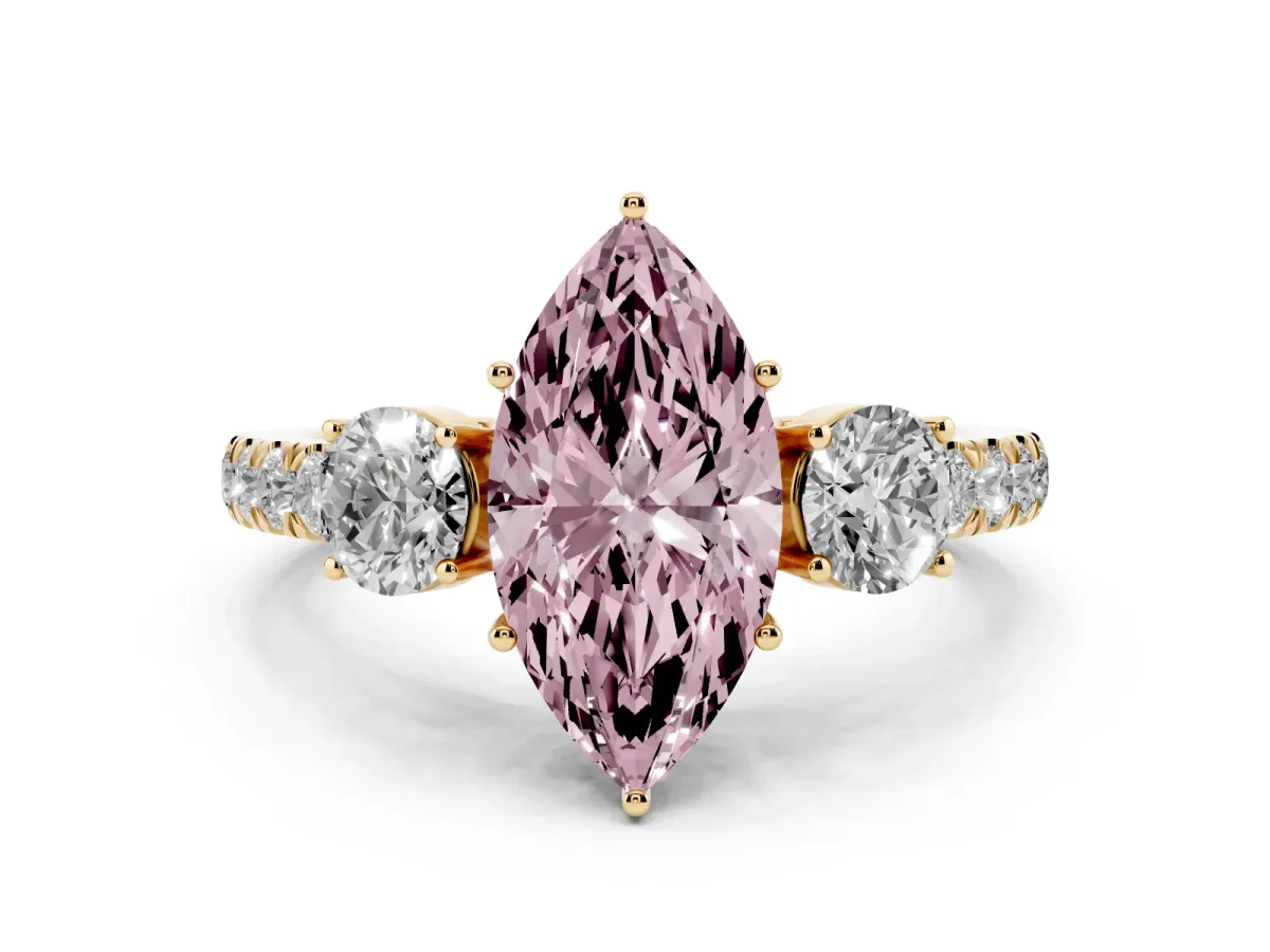 Fancy Pink Marquise Cut Cut Diamond Three-Stone Ring with Round Side Stones and Pavé Band Yellow gold