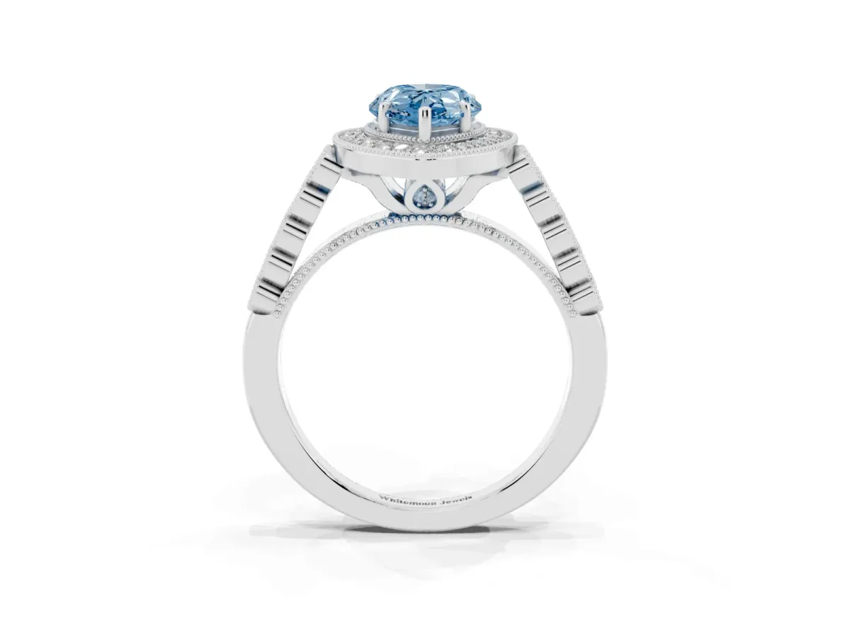 Fancy Blue Pear Cut Halo Twist Band Solitaire Ring with Six-Prong Setting Silver