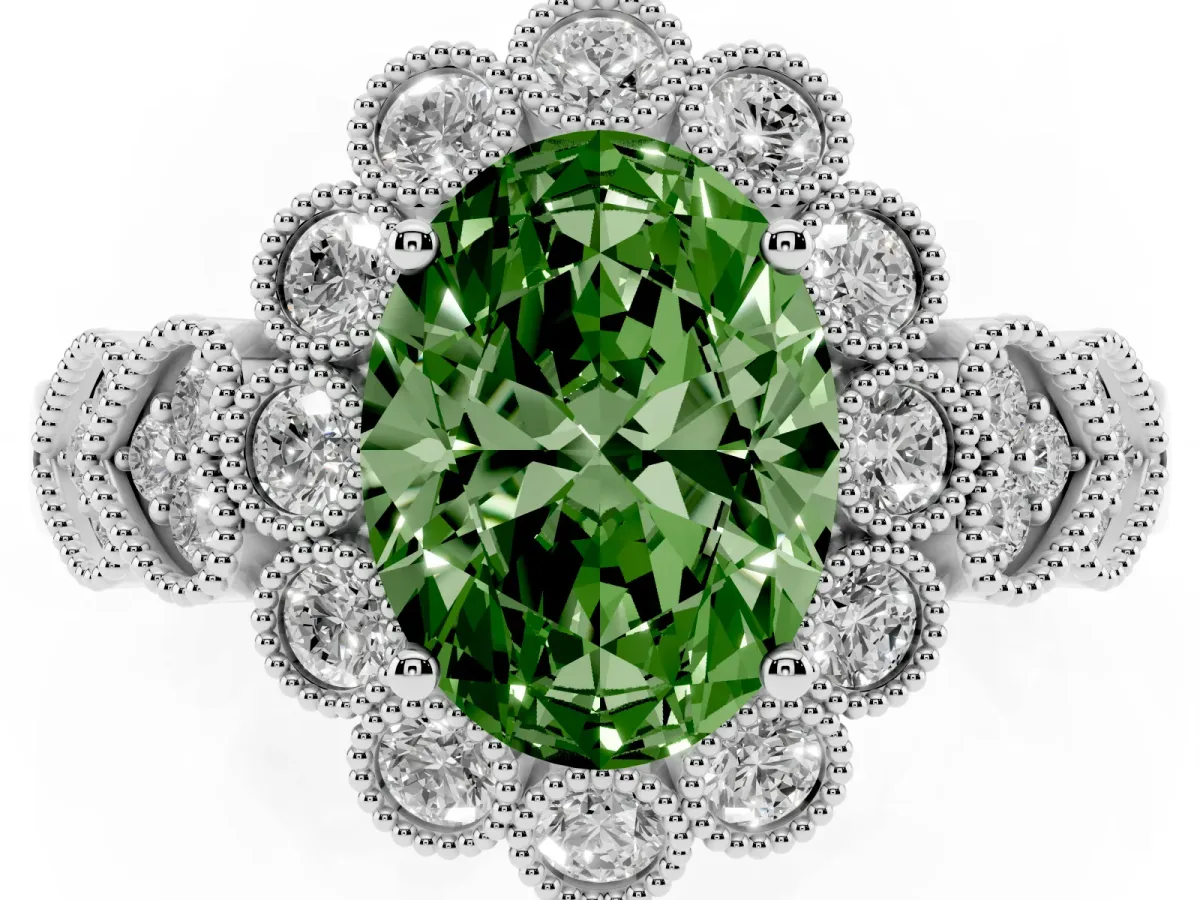 Fancy Green Oval Cut Brilliant Milgrain Pave Heart Band Solitaire Ring White gold