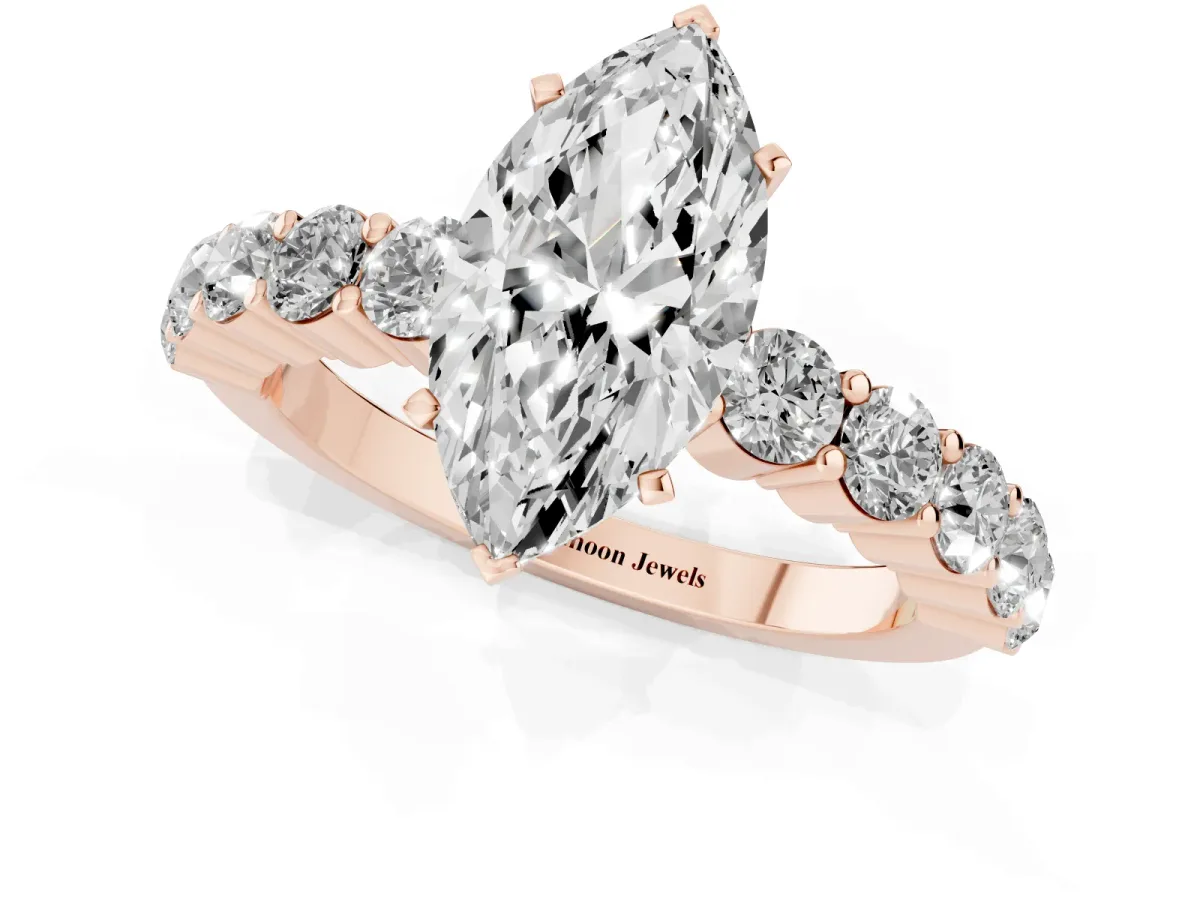 Marquise Cut Diamond Solitaire Ring with Shared Prong Round Side Stones Rose gold