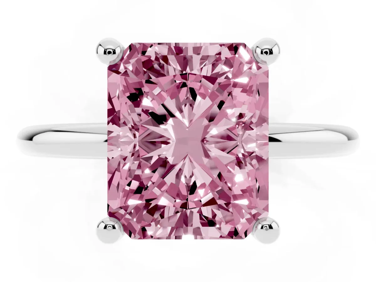 Fancy Pink Radiant Cut Solitaire Diamond Ring with 4-Prong Setting on a Classic Band Silver