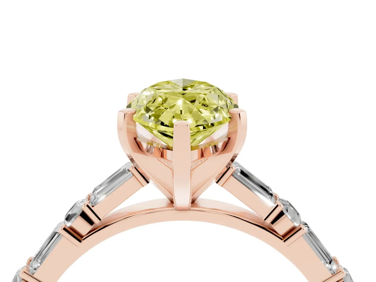 Fancy Yellow Marquise Cut Diamond Solitaire with Side Baguettes and Channel Set Band Rose gold