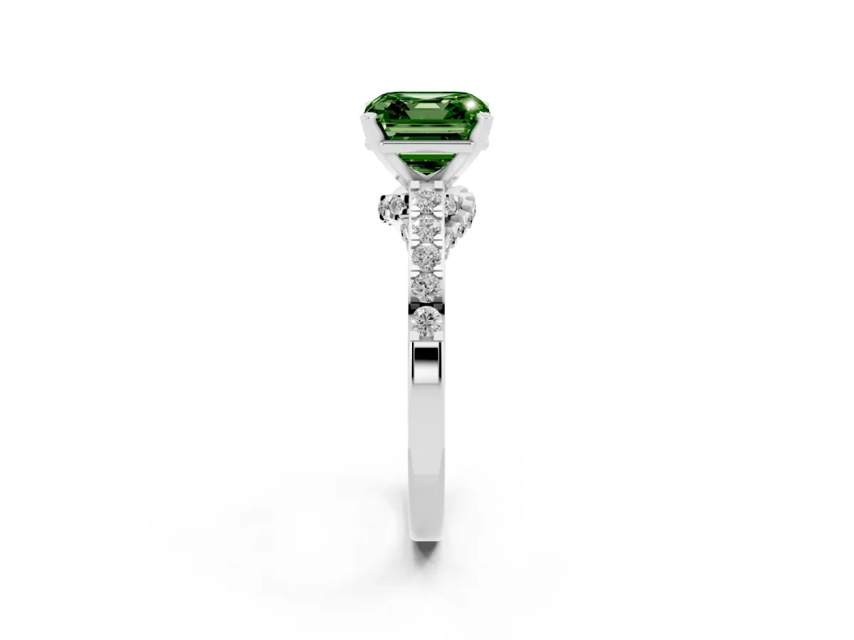 Fancy Green Asscher Cut Diamond Solitaire Ring with Crossover Gallery and Round Pavé Band White gold