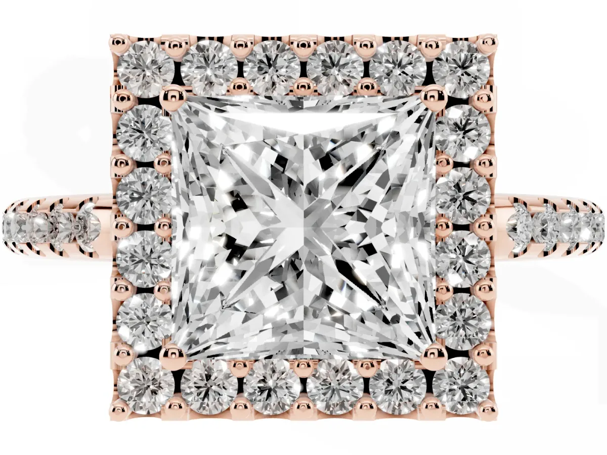 Princess Cut Diamond Pavé Halo Ring with Four-Prong Setting Rose gold