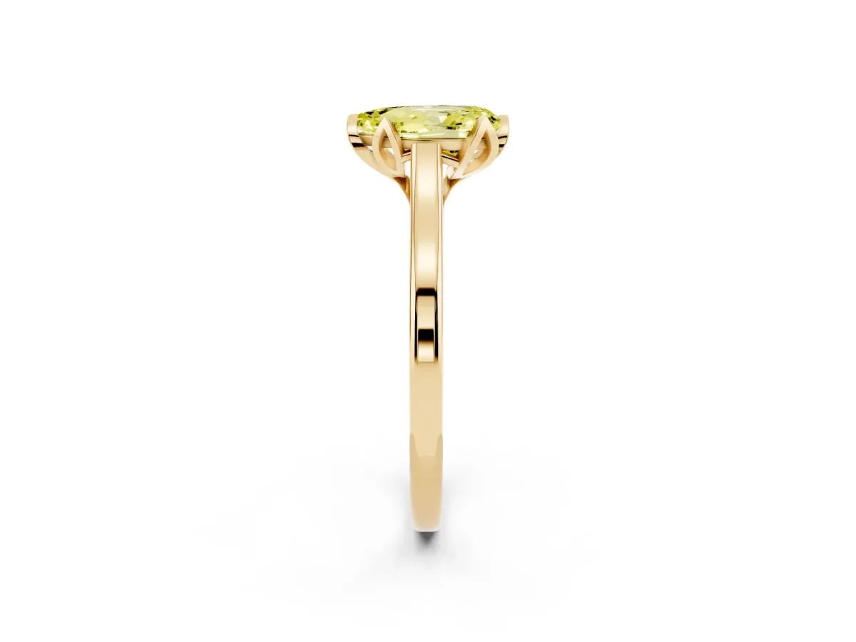 Fancy Yellow Pear Cut Diamond Solitaire Ring with Flower Prong Setting and Classic Band Yellow gold