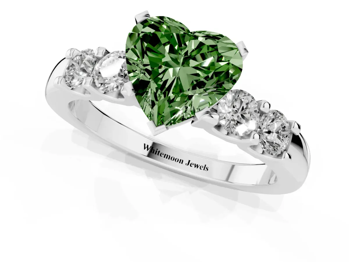 Fancy Green Heart Cut Brilliant Cut Diamond Five-Stone Prong Set Engagement Ring with Channel Band Platinum