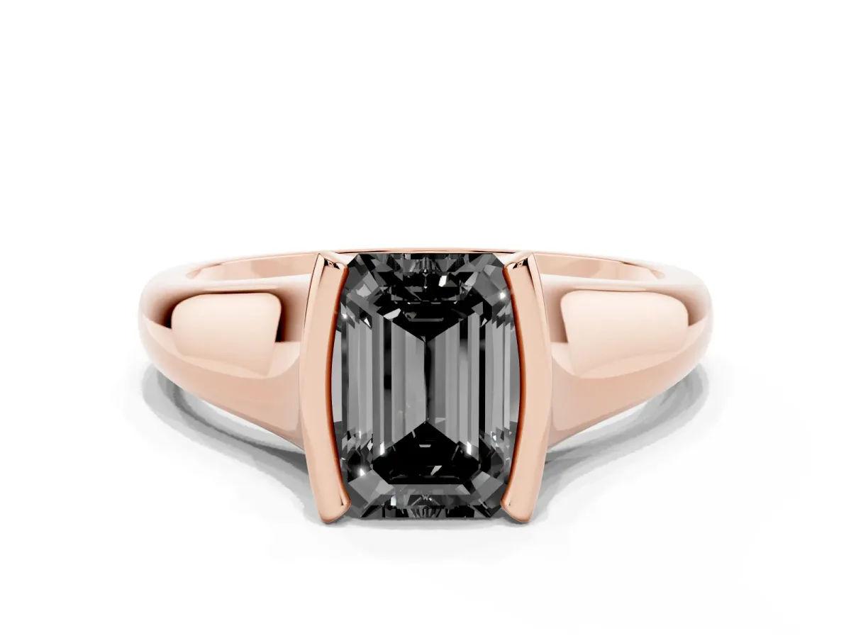 Fancy Black Emerald Cut Solitaire Tension Set Diamond Ring with Split Shank Band Rose gold