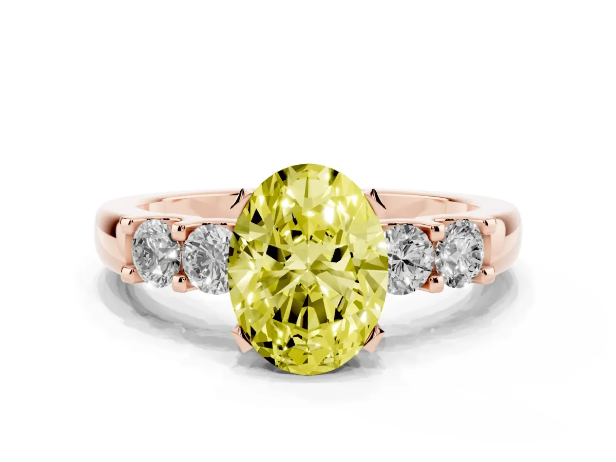 Fancy Yellow Oval Cut Brilliant Cut Diamond Five-Stone Prong Set Engagement Ring with Channel Band Rose gold