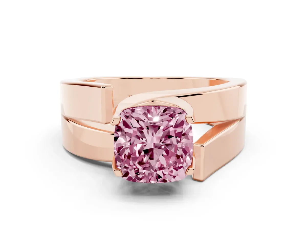 Fancy Pink Modern Tension Set Cushion Cut Diamond Solitaire Wide Band Ring Rose gold