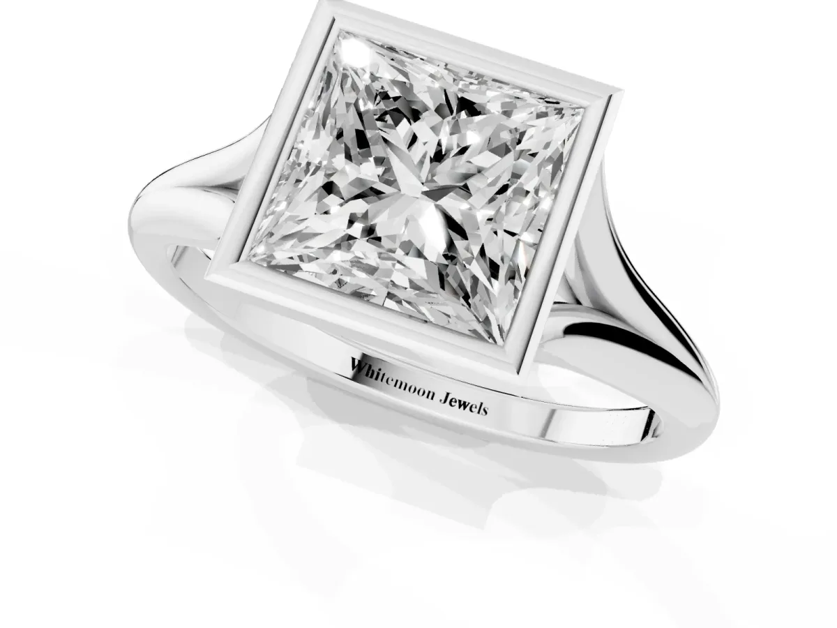 Bezel Set Princess Cut Cut Solitaire Ring with Tapered Band Silver
