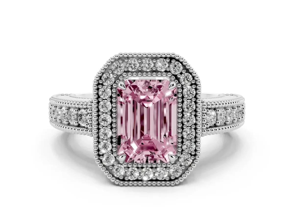 Fancy Pink Emerald Cut Cut Halo Diamond Ring with Pavé Band and Four-Prong Setting Platinum