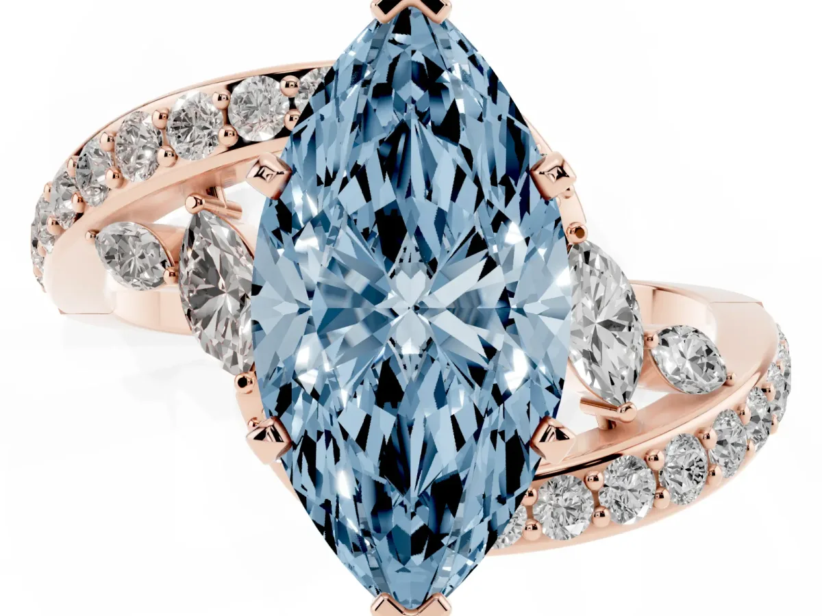 Fancy Blue Marquise Cut Solitaire with Pavé Twist Band and Four-Prong Setting Rose gold