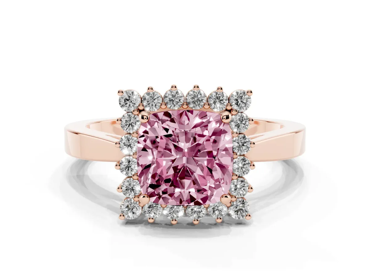 Fancy Pink Cushion Cut Cut Diamond Halo Ring with Round Brilliant Halo and Solitaire Band Rose gold