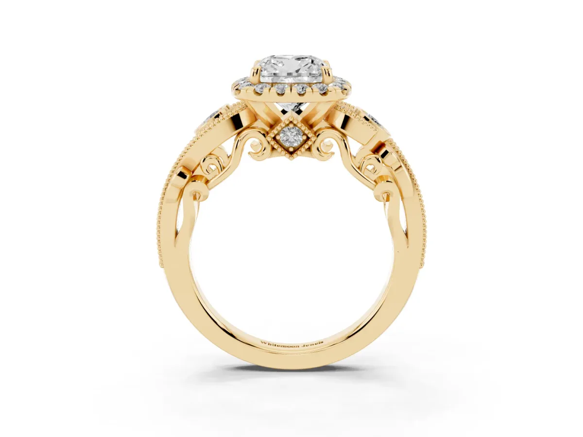 Cushion Cut Diamond Halo Ring with Milgrain Pavé Band and Four-Prong Setting Yellow gold