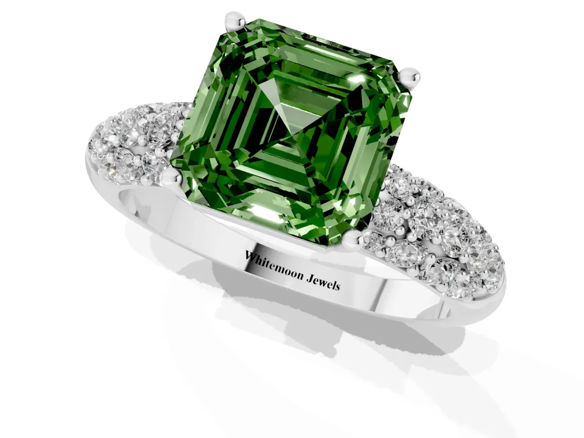 Fancy Green Asscher Cut Diamond Pavé Band Solitaire Ring with Four-Prong Setting Silver